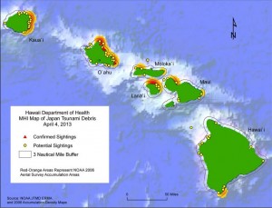 This map shows sightings of confirmed and potential Japanese tsunami debris in Hawaii as of April 4 (click to enlarge). NOAA image.