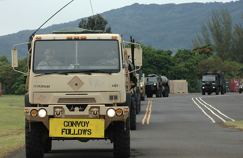 Military convoy from Kawaihae Harbor to Pōhakuloa Training Area. U.S. Army Garrison-Hawai'i photo.