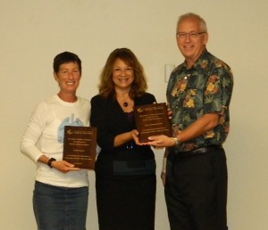 Brenda Larson, left, and Maile Goo, center, of the Coalition for a Tobacco-Free Hawaii present Milo Medical Center CEO Jay Kreuzer with the award. Courtesy photo.