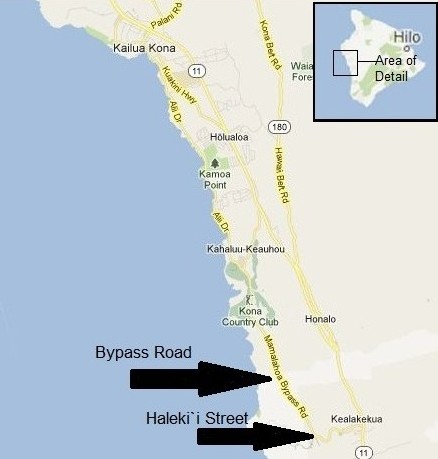 The Māmalahoa bypass and its connection to Haleki`i Street in Kealakekua is shown in this modified Google Maps image (click to enlarge). Big Island Now graphic.