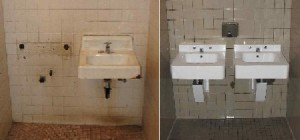 The sinks in the men's bathroom before renovation (left) and after. Photos by Dave Smith.