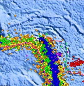 This USGS image shows seismic activity in the Santa Cruz Islands since 1990.