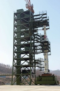 A North Korean test rocket awaits launch.