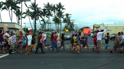 GMO protestors march along Kamehameha Avenue in Hilo. Photo by Nate Gaddis.