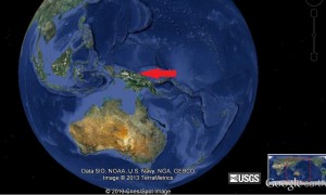 The New Guinea area has been struck by five earthquakes of magnitude 6.5 or greater in the past six weeks. Google Earth image.