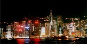 Hong Kong skyline, by night.