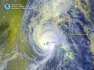 Hurricane Iniki, which made landfall on Kauai on Sept. 11, 1992, caused $3 billion in damage in today's dollars. NOAA image.