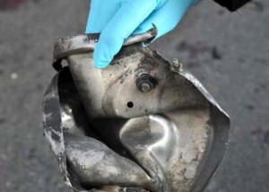 A fragment believed to be part of one of the Boston Marathon bombs. FBI photo.