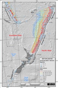 The convergence of tectonic plates is shown in this USGS image (click to enlarge).