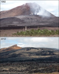 Changes in Pu`u `O`o over a 20-year span. USGS photos.