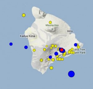 This map from HVO shows recent earthquakes in the area of the Big Island. Bigger circles indicate stronger quakes. Yellow ones occurred up to two weeks ago, blue ones within the past two days and the red one, which had a magnitude of 2.0, happened at 3:49 p.m. today.