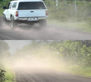 These images from a report by HPP's Fugitive Dust Committee show the difference in dust generation on the same stretch of roadway by a vehicle traveling less than 20 mph (top) and one traveling faster.