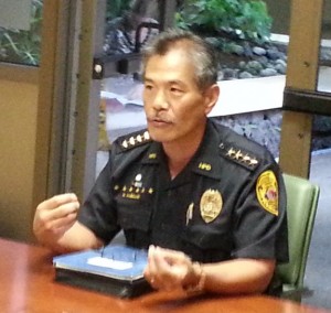 Police Chief Harry Kubojiri speaking on June 21 before the Hawaii County Police Commission. Photo by Dave Smith.