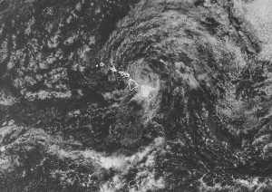 This view of Flossie's splitting cells taken from a satellite covering the Central Pacific show the broad area of moisture heading toward the Big Island. NWS image.