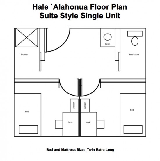The floor plan for two bedroom units in the new student housing facility at UHH. University of Hawai`i image.