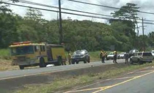 Police investigate the fatal crash that occurred Friday on Highway 11 near Keaau. Staff photo.