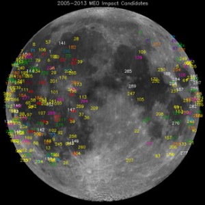 This NASA image shows the locations of meteroid flashes on the moon detected over the past eight years.