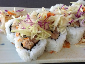 Asian-inspired pork belly, in a sushi roll, at Hilo Bay Café. Photo by Nate Gaddis.