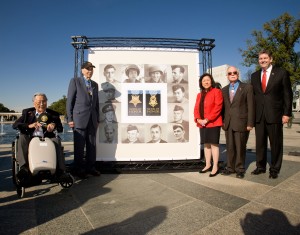 Those attending Monday's issuance ceremony were, from George Sakato, Army, Medal of Honor Recipient, World War II; Wilburn Ross, Army, Medal of Honor Recipient, World War II; Irene Hirano Inouye; Col. Harvey Barnum, past president, Medal of Honor Society; and Patrick R. Donahoe, Postmaster General and CEO, U.S. Postal Service.