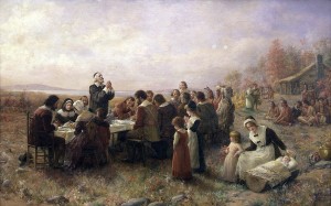 The penultimate vision of an early American thanksgiving, natives and all. Public domain image.