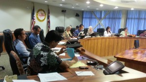 Hawai`i County Council members listen to testimony during today's meeting on a bill restricting use of GMOs on the Big Island. Photo by Dave Smith.