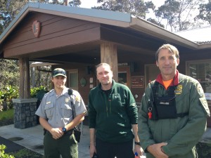 Rescued hiker Alex Sverdlov (middle) stands with his rescuers, park rangers John Broward (right) and Tyler Paul (left) outside the park's Visitor Emergency Operations Center today. NPS/J.Ferracane photo.