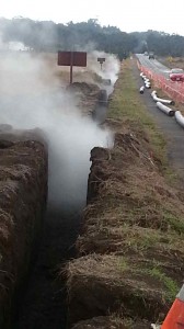 The water main project along Crater Rim Drive is providing some angular albeit temporary new steam vents. BIN photo.