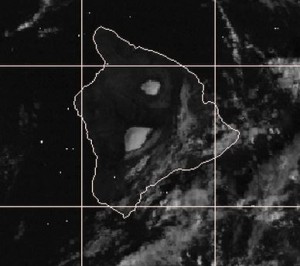 Snow on the Big Island's tallest summits are clearly visible -- as is the relative absence of clouds -- in this satellite photo taken this morning. NOAA image.