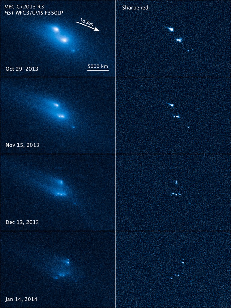 Photos taken by the Hubble Space Telescope show the asteroid in various stages of disintegration. NASA images.