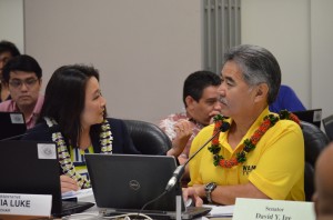 Budget conference committee co-chairs Rep. Sylvia Luke, left, and Sen. David Ige, right, during Friday's deliberations on the state's spending plan for the next fiscal year. Senate photo.