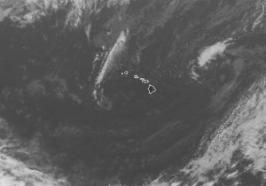A high-pressure system northeast of the island (upper right corner) is driving gusty trades and prompting a wind advisory for Hawaii. NOAA/NWS image.