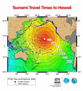 The times it takes for a tsunami generated at various locations around the Pacific are shown.