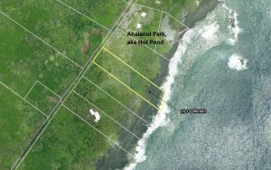 The parcel next to Ahalanui Park to be acquired Resolution 419 is outlined in yellow (click to enlarge). Source: 2013 report of the Hawaii County Open Space, Public Acquisitions, and Natural Resources Preservation Commission.