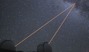 The twin Keck telescopes' laser pointers aimed at our galaxy's center. Screenshot video image courtesy of Dan Birchall/UCLA Galactic Center Group.