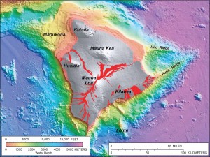 Researchers today will begin a new study at the base of Loihi, the active seamount growing off the southeast coast of the Big Island (click to enlarge). USGS/HVO image.