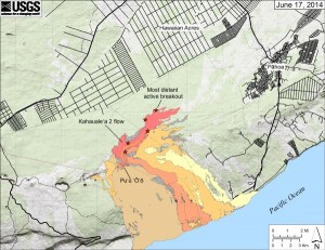 This Hawaiian Volcano Observatory map shows the Kahaualeʻa 2 flow (pink) as of Tuesday, June 17. Red stars mark the fronts of the active breakouts -- the most distant was 7.0 km (4.3 miles) straight-line distance northeast of Puʻu ʻŌʻō. Older lava flows are distinguished by color: episodes 1–48b flows (1983–1986) are gray; episodes 48c–49 flows (1986–1992) are pale yellow; episodes 50–55 flows (1992–2007) are tan; episodes 58–60 flows (2007–2011) are pale orange, and episode 61 flows (2011–2013) are reddish orange. The active lava tube is shown with a yellow line (dashed where its position is poorly known). Click to enlarge.
