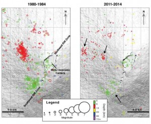 These earthquake maps (click to enlarge) of Mauna Loa show the location, strength and depths (see legend). Theone on the left shows earthquake locations from Jan. 1, 1980 to March 25, 1984. On the right are earthquake locations from Jan. 1, 2011 to July 12, 2014.  Black arrows are the locations of earthquake swarms that have been recorded in the past 13 months. USGS/HVO graphic.