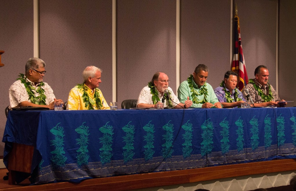 Those present at Monday's signing ceremony were, from left, OHA CEO Kamana‘opono Crabbe, Honolulu Mayor Kirk Caldwell, Gov. Neil Abercrombie, Hawaii County Mayor Billy Kenoi, Maui Mayor Alan Arakawa and Kauai Mayor Bernard Carvalho. Courtesy photo.