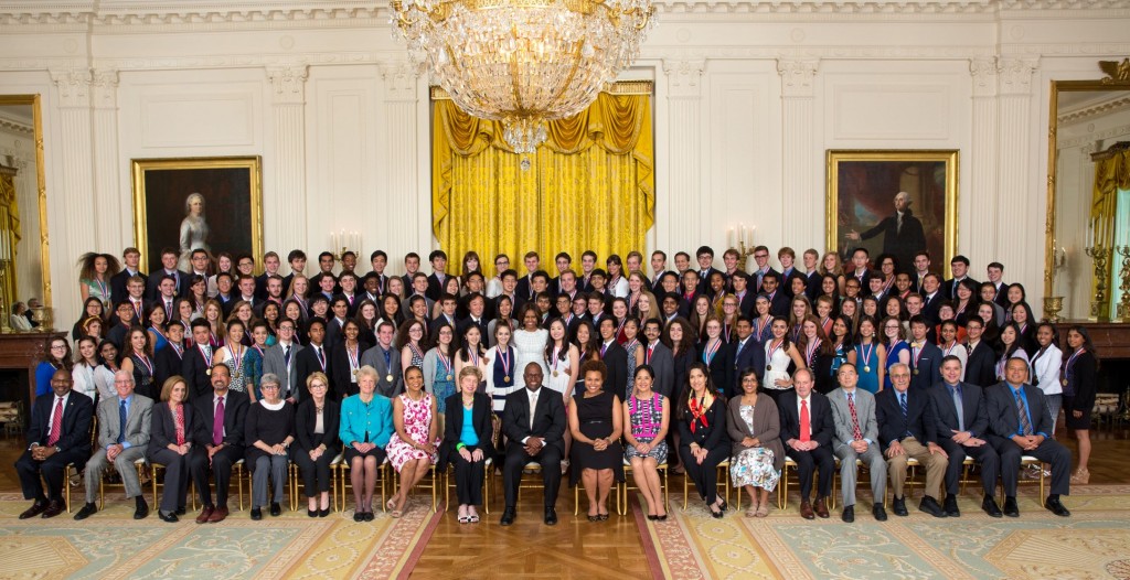 The 50th class of U.S. Presidential Scholars at the White House last month with first lady Michelle Obama (center) and members of the White House Commission on Presidential Scholars seated in front. Parker School graduate Lysha Matsunobu is standing in the second row of scholars, fourth to the left of center.