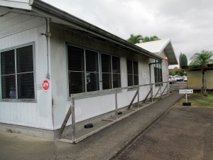 Aging buildings at the Hilo Muni suffer from termite damage and other problems. The back side of the restaurant is shown.