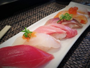 Part of the "Chef's Choice" sushi special ($40). From left: Maguro, Flounder, Toro, Mackerel, Salmon, and Ebi. Photo by M's photography.