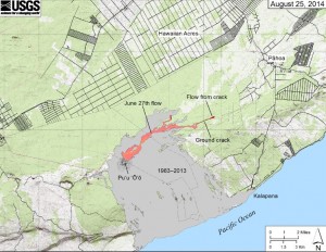 This image shows the June 27 lava flow advancing toward the Wao Kele O Puna Forest Reserve boundary. USGS Image.