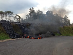 Just before noon on Tuesday, Nov. 11 lava pushed through the fence at the southwest corner of the Pāhoa transfer station and moved down the slope onto the station grounds. HVO photo.