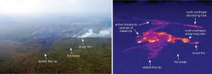 In this image taken and compared on Jan. 13, you can see a comparison of a normal photograph and a thermal image that shows the position of active breakouts relative to the stalled flow tip. In the thermal image, active breakouts are visible as white and yellow areas. HVO photo.