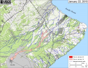 This small-scale map shows Kīlauea’s active East Rift Zone lava flow in relation to lower Puna. The area of the flow on January 19 is shown in pink, while widening and advancement of the flow as of January 22 is shown in red. The blue lines show steepest-descent paths calculated from a 1983 digital elevation mode. HVO image.