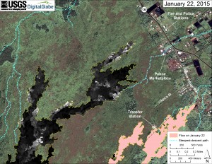 This map overlays a georegistered mosaic of thermal images collected during a helicopter overflight of the distal part of Kīlauea’s active East Rift Zone lava flow on January 22 at about 9:15 AM. The base image is a satellite image acquired in March 2014. The perimeter of the flow at that time is outlined in yellow. Temperature in the thermal image is displayed as gray-scale values, with the brightest pixels indicating the hottest areas (white shows active breakouts). The blue lines show steepest-descent paths calculated from a 1983 digital elevation mode. HVO image.