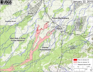 This large-scale map shows the distal part of Kīlauea’s active East Rift Zone lava flow in relation to nearby Puna communities. The area of the flow on January 19 is shown in pink, while widening and advancement of the flow as of January 22 is shown in red. The blue lines show steepest-descent paths calculated from a 1983 digital elevation model. HVO image.