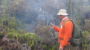 This photo taken on Jan. 26 shows a HVO geologist taking a GPS waypoint of the leading edge of the June 27th flow, which consisted of a narrow, sluggish breakout during the afternoon. HVO photo.