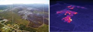 This comparison of a normal photograph and a thermal image shows the position of active breakouts relative to the inactive flow tip. The white box shows the rough extent of the thermal image on the right. In the thermal image, active breakouts are visible as white and yellow areas. Although active breakouts are absent at the inactive tip of the flow, breakouts are present just a short distance behind the tip, and are also scattered further upslope. HVO image.