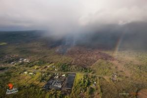 This photo shows the June 27 lava flow's proxmity to Highway 130 from a different perspective. Photo credit: Extreme Media Exposure/Paradise Helicopters.